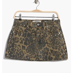 PTCL Leopard Print Denim Miniskirt Black & Khaki Silver Studs Medium NWT Grunge